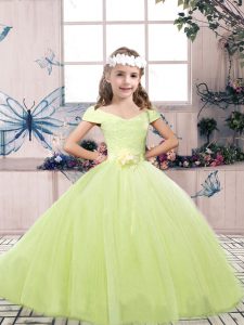 Yellow Green Ball Gowns Off The Shoulder Sleeveless Tulle Floor Length Lace Up Lace and Belt Little Girls Pageant Dress Wholesale