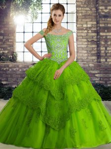 Perfect Sleeveless Brush Train Lace Up Beading and Lace Ball Gown Prom Dress