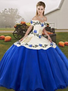 Embroidery and Ruffles Quince Ball Gowns Blue And White Lace Up Sleeveless Floor Length