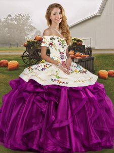 Sweet White And Purple Sleeveless Organza Lace Up Teens Party Dress for Military Ball and Sweet 16 and Quinceanera