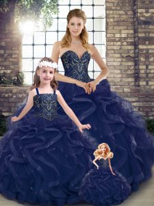 Sweet Navy Blue Ball Gowns Beading and Ruffles Sweet 16 Quinceanera Dress Lace Up Tulle Sleeveless Floor Length