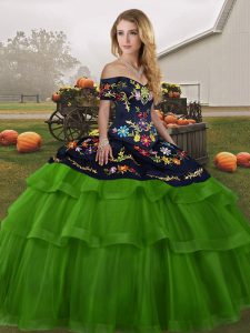 Enchanting Embroidery and Ruffled Layers Sweet 16 Dress Green Lace Up Sleeveless Brush Train