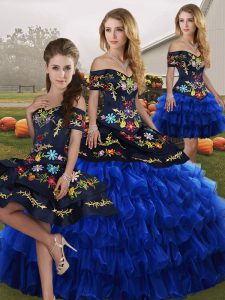 Sweet Blue And Black Ball Gowns Organza Off The Shoulder Sleeveless Embroidery and Ruffled Layers Floor Length Lace Up Quinceanera Gowns