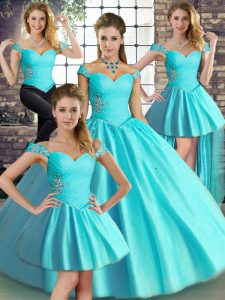 Aqua Blue Ball Gowns Beading Ball Gown Prom Dress Lace Up Tulle Sleeveless Floor Length