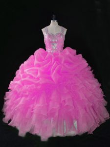 Comfortable Rose Pink Zipper Straps Beading and Ruffles and Pick Ups Quinceanera Dress Organza Sleeveless