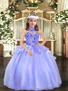 Lavender Little Girl Pageant Dress Party and Wedding Party with Appliques Halter Top Sleeveless Lace Up