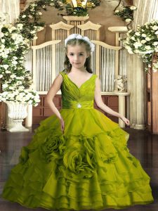 Organza V-neck Sleeveless Backless Beading Pageant Dresses in Olive Green