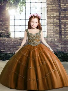 Brown Straps Neckline Beading Little Girls Pageant Dress Sleeveless Lace Up