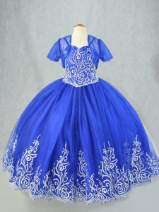 Royal Blue Tulle Lace Up Pageant Gowns For Girls Sleeveless Floor Length Beading and Embroidery