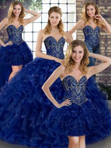 Sweet Royal Blue Organza Lace Up Sweet 16 Dress Sleeveless Floor Length Beading and Ruffles