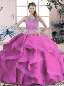 Custom Design Floor Length Lace Up Sweet 16 Quinceanera Dress Lilac for Sweet 16 and Quinceanera with Beading and Lace and Ruffles