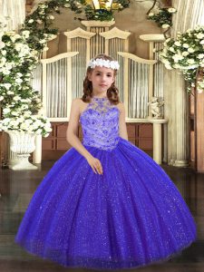 Inexpensive Royal Blue Tulle Lace Up Little Girls Pageant Dress Wholesale Sleeveless Floor Length Beading