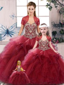 Sleeveless Floor Length Beading and Ruffles Lace Up Sweet 16 Dresses with Burgundy