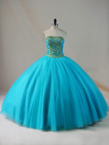 Ball Gowns 15 Quinceanera Dress Blue Strapless Tulle Sleeveless Floor Length Lace Up