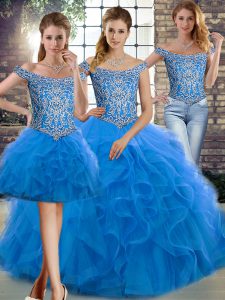 Graceful Blue 15 Quinceanera Dress Off The Shoulder Sleeveless Brush Train Lace Up