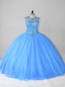 Scoop Sleeveless Lace Up Quinceanera Dresses Blue Tulle
