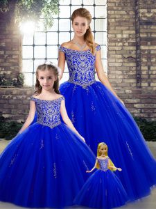 Royal Blue Tulle Lace Up Sweet 16 Dresses Sleeveless Floor Length Beading