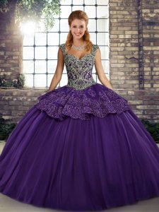 Purple Sleeveless Tulle Lace Up Ball Gown Prom Dress for Military Ball and Sweet 16 and Quinceanera