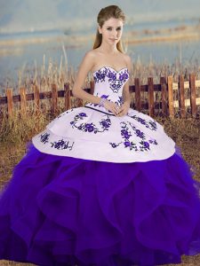 On Sale Sleeveless Floor Length Embroidery and Ruffles and Bowknot Lace Up Quinceanera Gowns with White And Purple