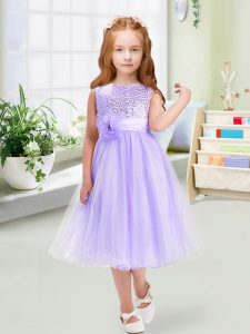 Sophisticated Sleeveless Organza Tea Length Zipper Flower Girl Dresses for Less in Lavender with Sequins and Hand Made Flower