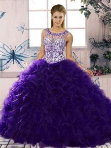 High Class Sleeveless Floor Length Beading and Ruffles Lace Up Sweet 16 Quinceanera Dress with Purple