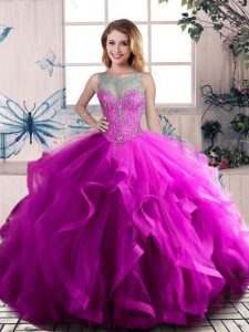 Purple Scoop Neckline Beading and Ruffles Quinceanera Gown Sleeveless Lace Up