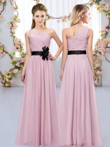 Custom Fit Floor Length Zipper Quinceanera Court Dresses Pink for Wedding Party with Belt
