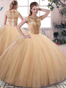 Best Selling Gold Scoop Lace Up Beading Ball Gown Prom Dress Sleeveless
