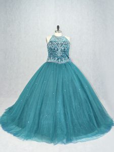 High Class Teal Sweet 16 Dresses Sweet 16 and Quinceanera with Beading Scoop Sleeveless Brush Train Lace Up