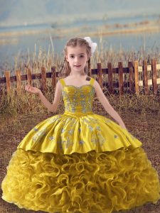 Gold Ball Gowns Straps Sleeveless Fabric With Rolling Flowers Sweep Train Lace Up Embroidery Child Pageant Dress