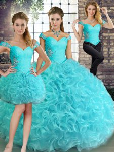 Stylish Off The Shoulder Sleeveless Sweet 16 Dress Floor Length Beading Aqua Blue Fabric With Rolling Flowers