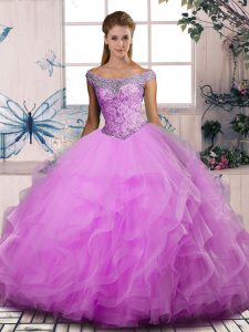 Off The Shoulder Sleeveless Sweet 16 Dress Floor Length Beading and Ruffles Lilac Tulle