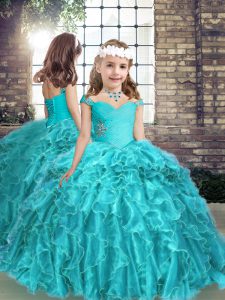 Aqua Blue Straps Lace Up Beading and Ruffles Little Girls Pageant Gowns Sleeveless