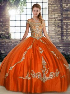 Off The Shoulder Sleeveless Sweet 16 Dress Floor Length Beading and Embroidery Orange Red Tulle