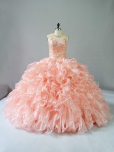 Sleeveless Organza Lace Up 15th Birthday Dress in Peach with Beading and Ruffles
