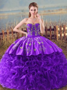 Nice Purple Ball Gowns Sweetheart Sleeveless Fabric With Rolling Flowers Brush Train Lace Up Embroidery and Ruffles Ball Gown Prom Dress