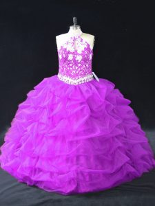 Flirting Purple Ball Gowns Halter Top Sleeveless Organza Floor Length Backless Beading and Pick Ups 15 Quinceanera Dress