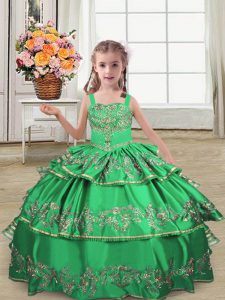 Green Ball Gowns Embroidery and Ruffled Layers Pageant Gowns For Girls Lace Up Satin Sleeveless Floor Length