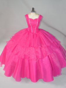 Hot Pink Ball Gowns Organza Straps Sleeveless Beading Floor Length Lace Up 15 Quinceanera Dress