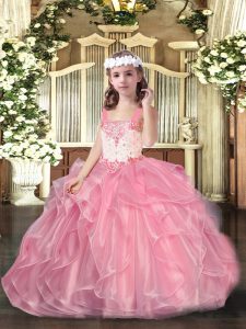 Pink Ball Gowns Straps Sleeveless Organza Floor Length Lace Up Beading and Ruffles Kids Formal Wear
