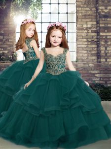 Floor Length Peacock Green Little Girl Pageant Gowns Tulle Sleeveless Beading and Ruffles