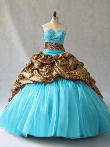Traditional Aqua Blue Ball Gowns V-neck Sleeveless Organza and Printed Lace Up Beading and Pick Ups Quinceanera Gown
