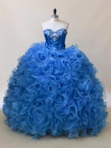 Vintage Blue Ball Gowns Fabric With Rolling Flowers Sweetheart Sleeveless Ruffles and Sequins Floor Length Lace Up Quinceanera Dresses