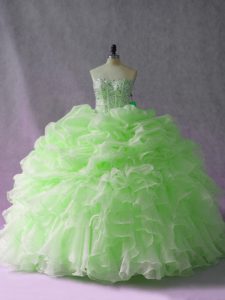 Fantastic Green Lace Up Quinceanera Dresses Beading and Ruffles and Pick Ups Sleeveless Brush Train