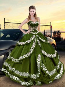 Olive Green Lace Up Vestidos de Quinceanera Embroidery and Ruffled Layers Sleeveless Floor Length