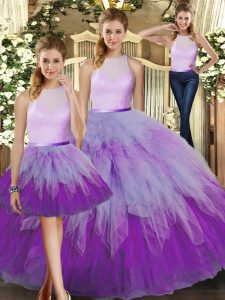 Sweet Multi-color Three Pieces High-neck Sleeveless Organza Floor Length Backless Ruffles Quinceanera Dress