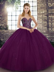 High End Tulle Sweetheart Sleeveless Lace Up Beading Ball Gown Prom Dress in Dark Purple