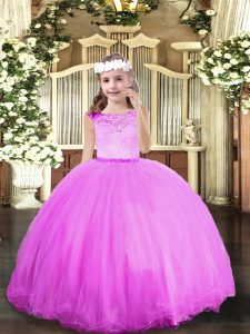 Lilac Ball Gowns Tulle Scoop Sleeveless Beading Floor Length Zipper Little Girl Pageant Dress
