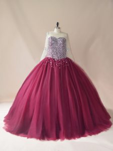 Tulle Scoop Long Sleeves Brush Train Lace Up Beading Sweet 16 Dresses in Burgundy