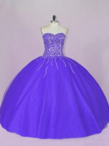 Exceptional Sleeveless Floor Length Beading Lace Up Quinceanera Gown with Blue and Purple